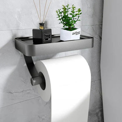 Moderner Toilettenpapierhalter mit Ablage, schwarz, Metall, Badezimmerzubehör, platzsparend.