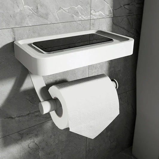 Moderner weißer Toilettenpapierhalter mit Ablage, Wandmontage, Badezimmerzubehör.