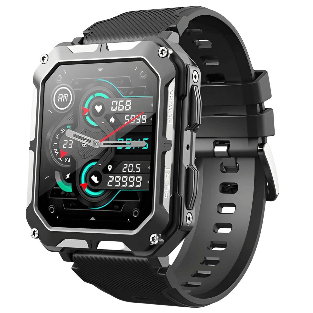 Robuste schwarze Smartwatch mit Metallgehäuse, stoßfest, Fitness-Tracking, wasserdicht.