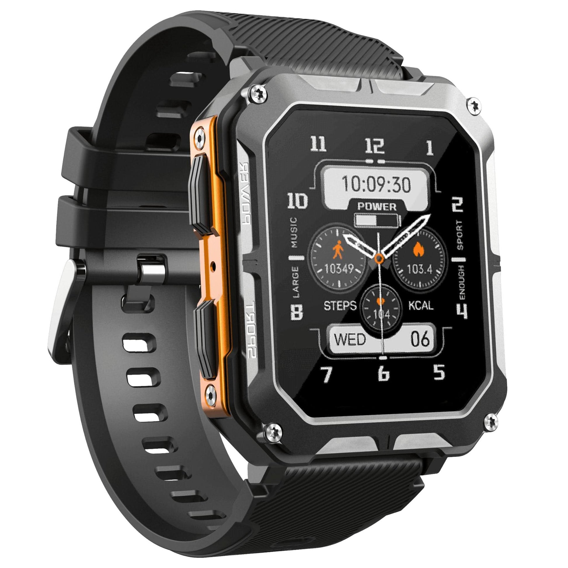 Robuste schwarze Smartwatch mit Metallgehäuse, Fitness-Tracker, wasserdicht, stoßfest.