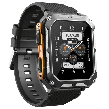 Robuste schwarze Smartwatch mit Metallgehäuse, Fitness-Tracker, wasserdicht, stoßfest.