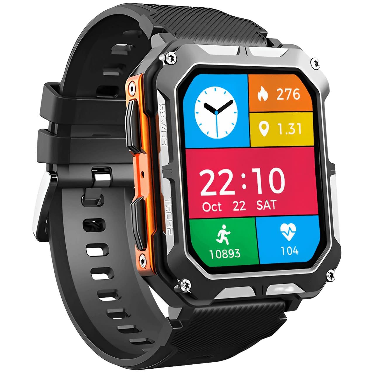 Robuste Smartwatch mit schwarzem Armband, stoßfest, wasserdicht, Fitness-Tracker, Touchscreen.