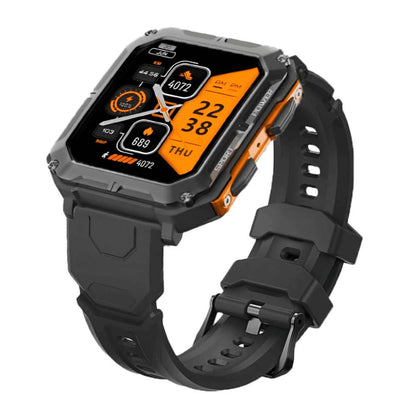 Robuste schwarze Smartwatch mit orangefarbenem Display, stoßfest, wasserdicht, Fitness-Tracker.