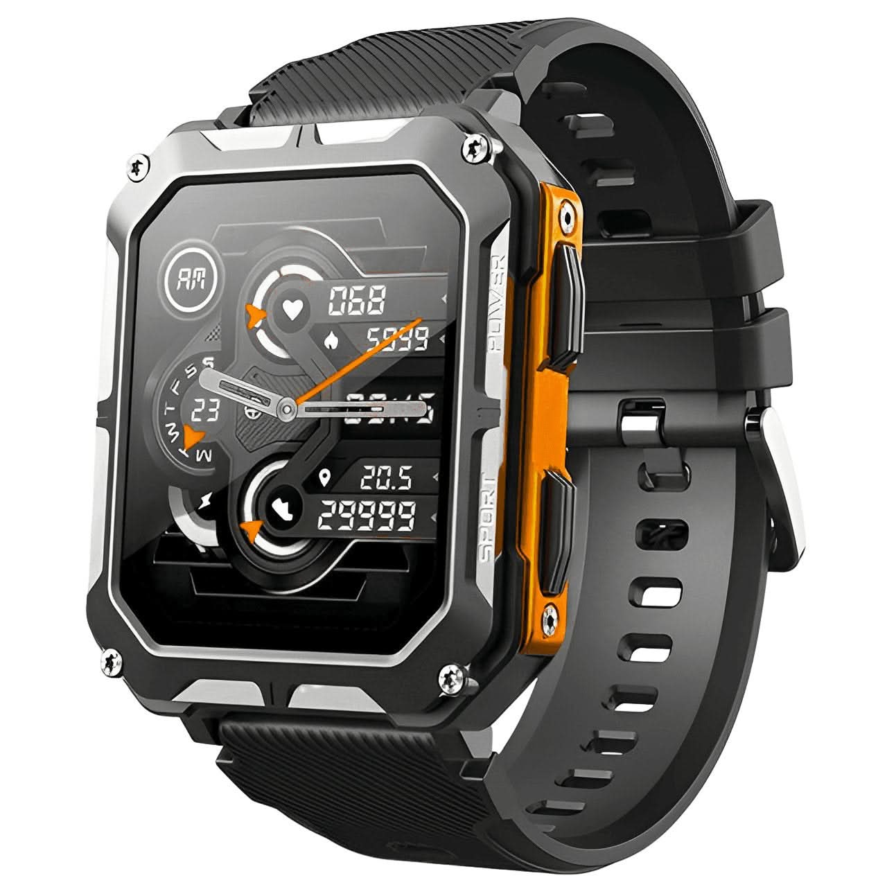 Robuste schwarze Smartwatch mit rechteckigem Zifferblatt, stoßfest, wasserdicht, Sportuhr.