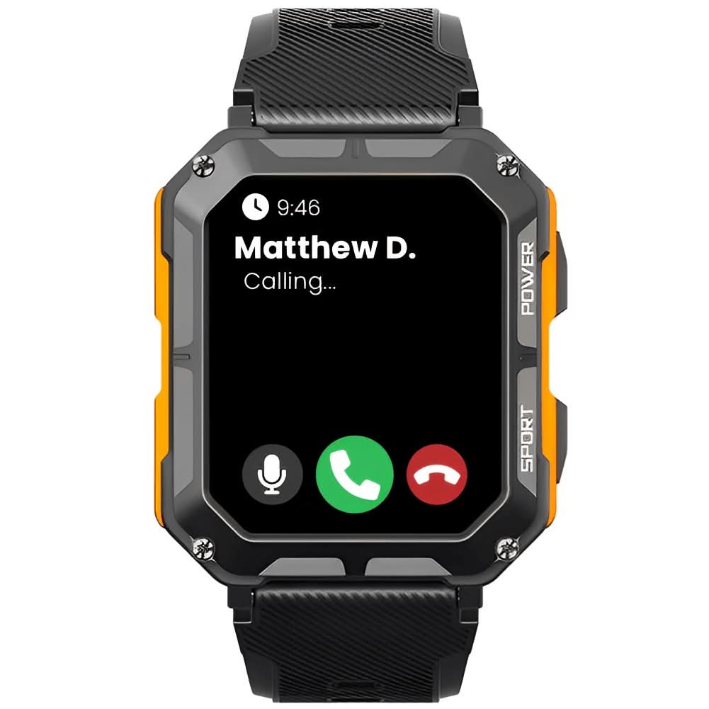 Robuste schwarze Smartwatch mit gelbem Akzent, Anrufanzeige, stoßfest, Sportuhr.
