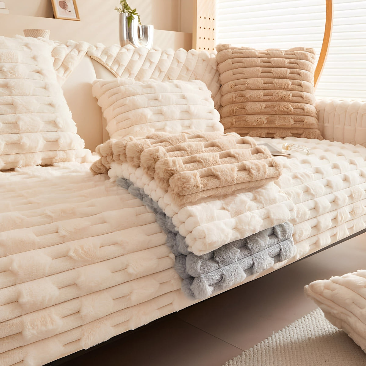 Soffa med gräddvitt överdrag och kuddar, med hopvikta överdrag i beige, gräddvitt och grått uppstaplade på sittytan. 7