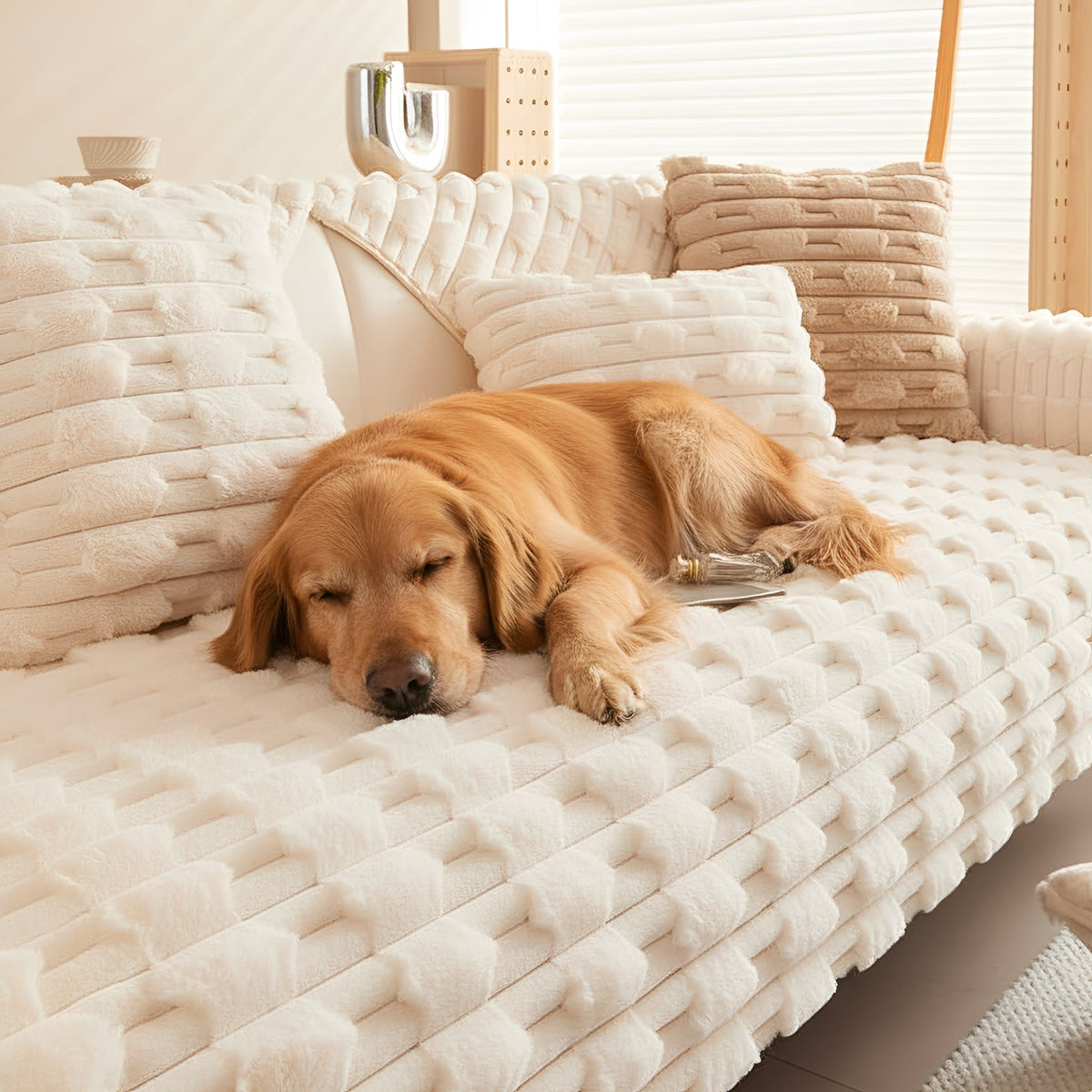 En golden retriever sover på en gräddvit, plysch-strukturerad soffa med matchande kuddar i ett ljust vardagsrum. 1