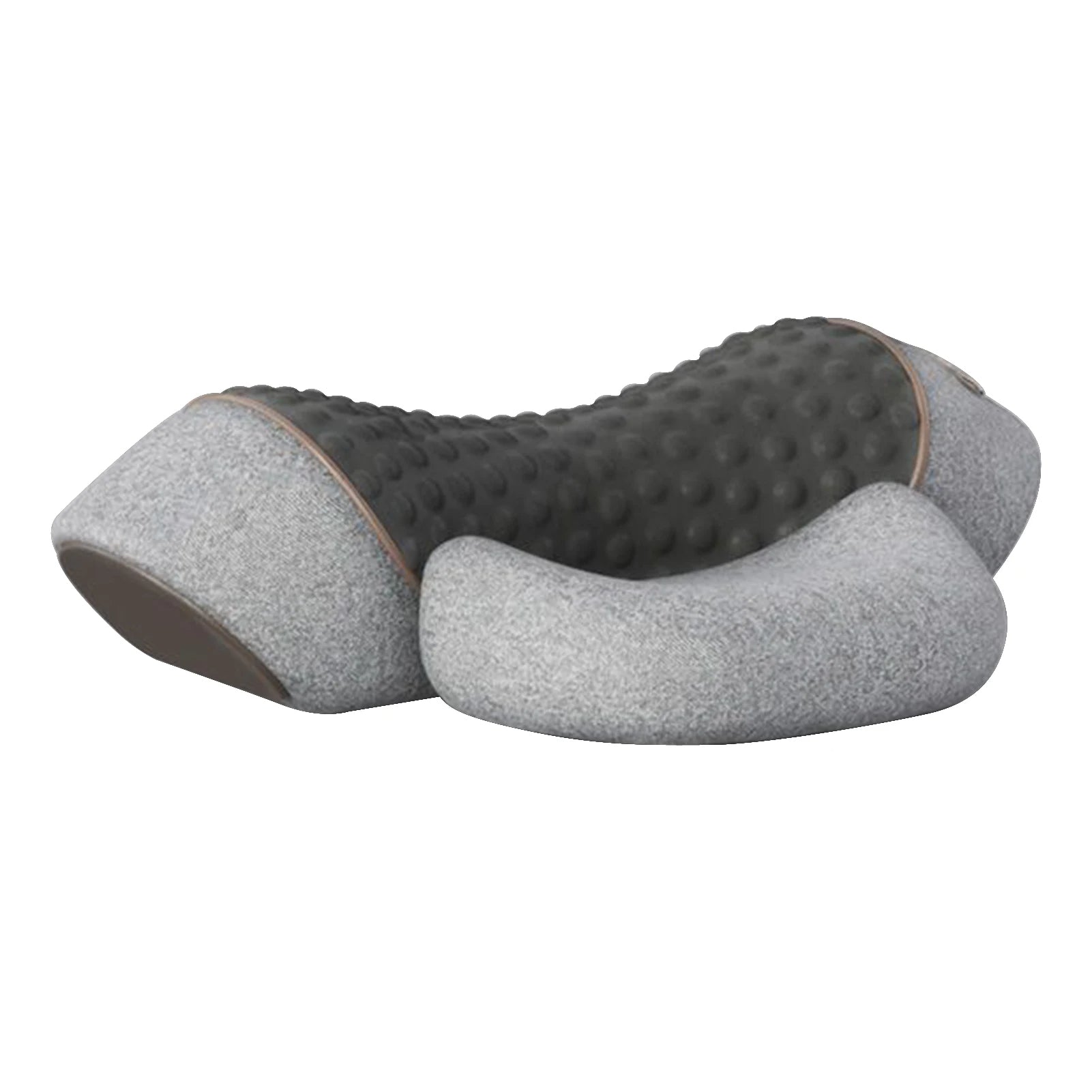 Graues ergonomisches Nackenkissen, Memory-Schaum, Massagefunktion, ideal für Reisen.