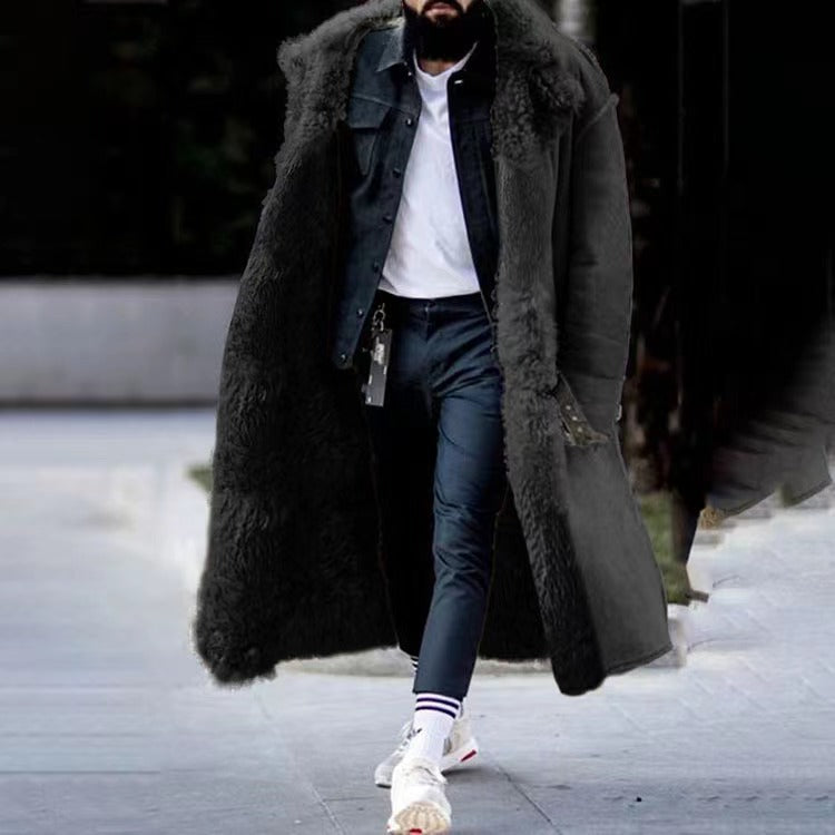 Schwarzer Herren-Lammfellmantel, modisch, warm, Winterbekleidung, eleganter Stil.