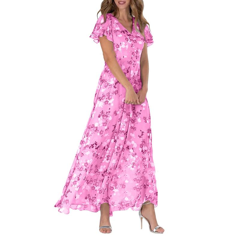 Frau in langem, rosa Blumenkleid aus Chiffon, Sommermode, elegante Abendgarderobe.