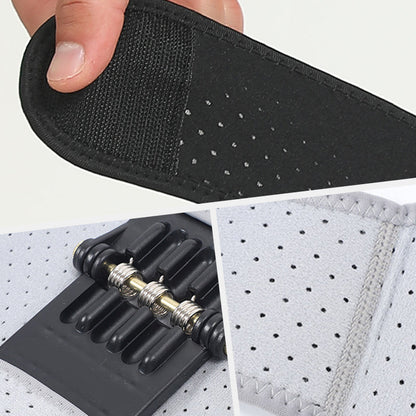 Schwarzer verstellbarer Rückenstützgürtel mit Klettverschluss und atmungsaktivem Material.