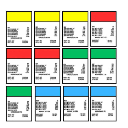 Monopoly-Spielkarten, farbcodiert: gelb, rot, grün, blau, mit Mieten und Hauskosten.