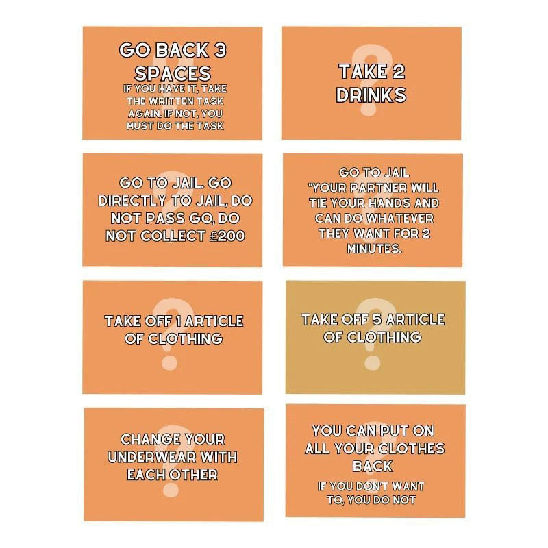 Neun orange Spielkarten mit Aufgaben für ein Partyspiel, Text in Weiß.
