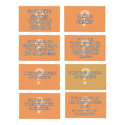 Neun orange Spielkarten mit Aufgaben für ein Partyspiel, Text in Weiß.