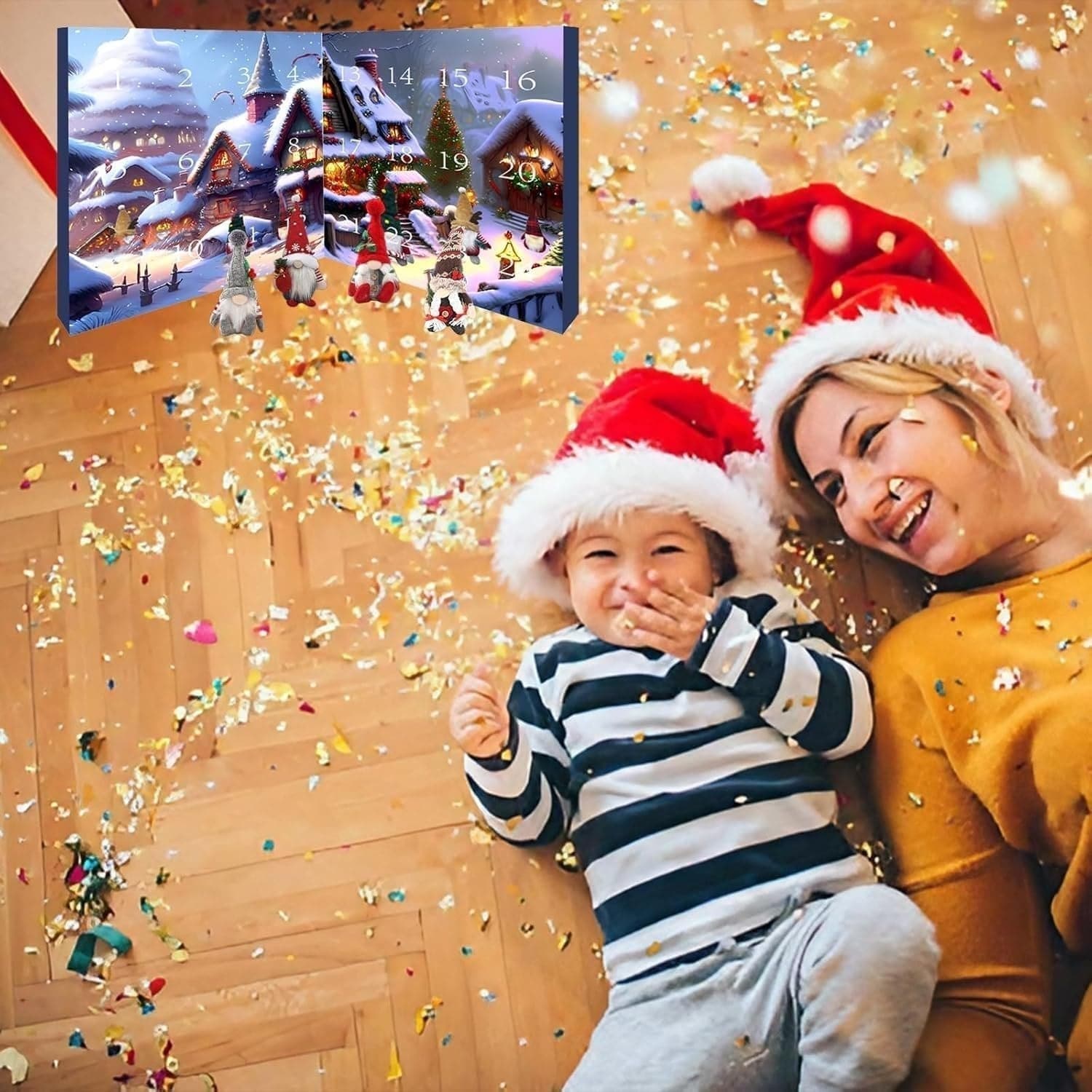 Mutter und Kind mit Weihnachtsmützen auf Holzboden, umgeben von Konfetti, Adventskalender im Hintergrund.