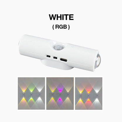 Vit vägglampa med rörelsesensor, under den tre bilder av väggen i skiftande färgat RGB-ljus 2