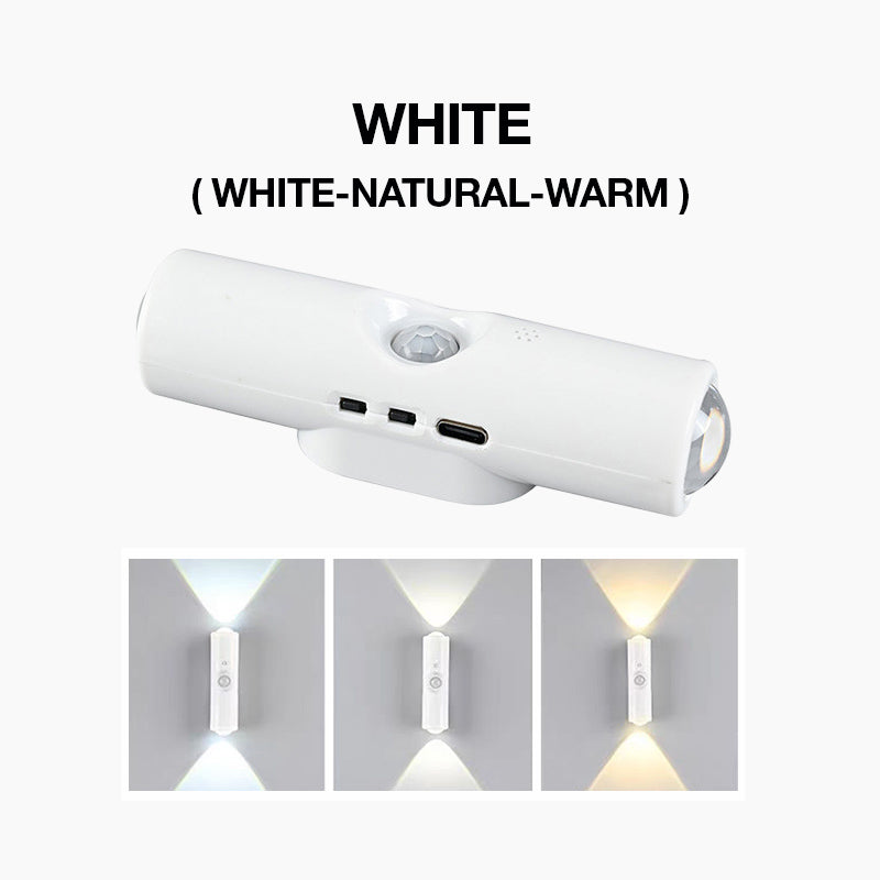 Vit cylinderformad vägglampa med rörelsesensor och USB-C-uttag, med tre bilder av vitt, neutralt och varmt ljus 1