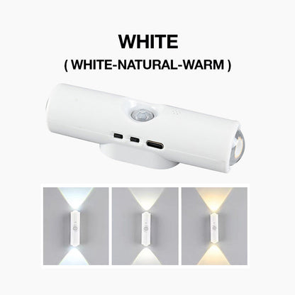 Vit cylinderformad vägglampa med rörelsesensor och USB-C-uttag, med tre bilder av vitt, neutralt och varmt ljus 1