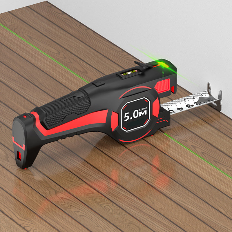 Måttbandet på ett parkettgolv med bandets krok mot väggen och gröna laserlinjer över golvet 4