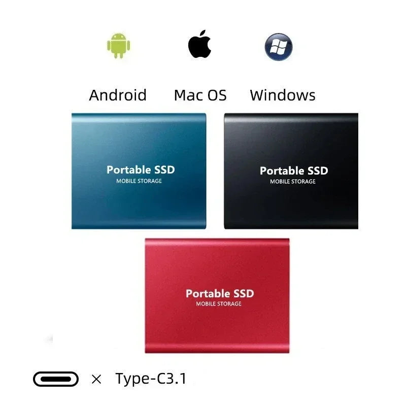 Tre externa SSD-enheter i blått, svart och rött bredvid ikoner för Android, Mac och Windows samt en USB-C-port. 2