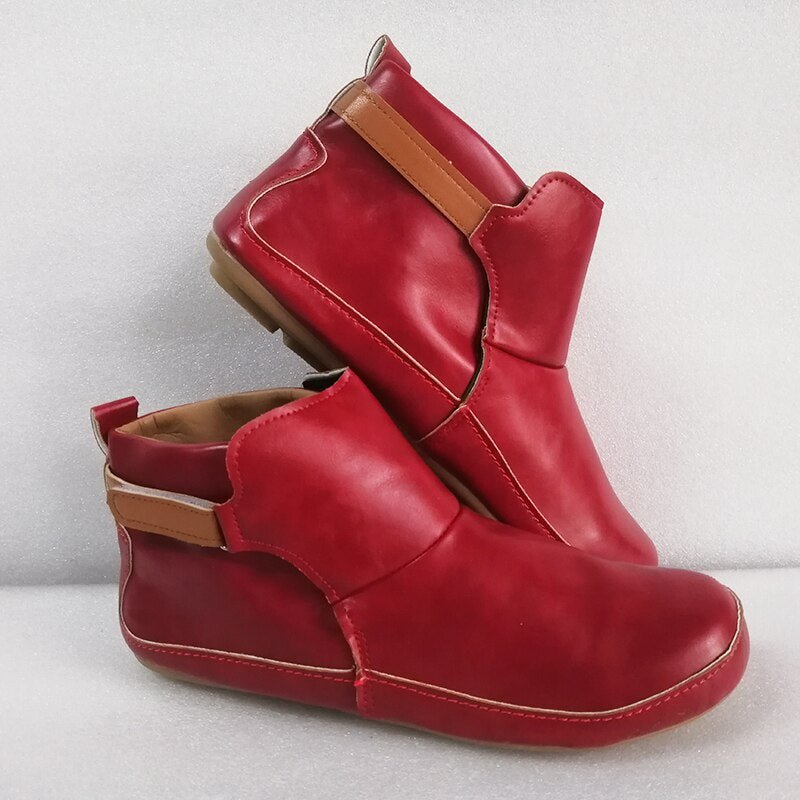Rote Vintage-Stiefeletten mit orthopädischer Sohle, Damenmode, bequem, Lederoptik.