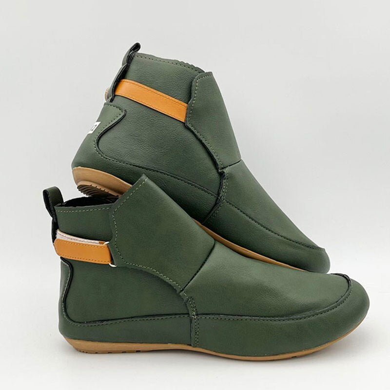 Grüne Vintage-Stiefeletten mit orthopädischer Sohle, Damenmode, bequem, Lederoptik.