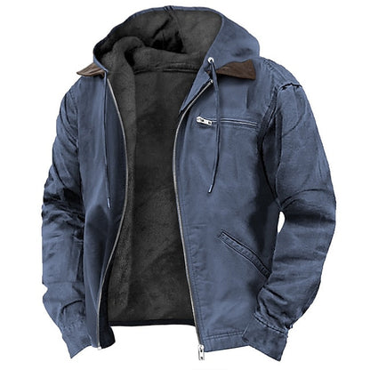 Blaue Outdoor-Jacke mit Kapuze, Reißverschluss, Taschen, warmes Futter, Herrenmode.