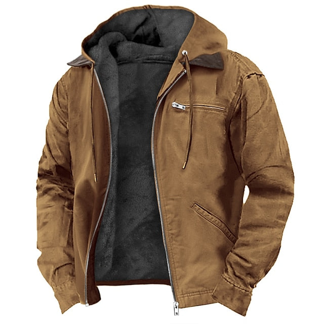 Braune Outdoor-Jacke mit Kapuze, Reißverschluss, Fleece-Innenfutter, Herrenmode, stylisch.