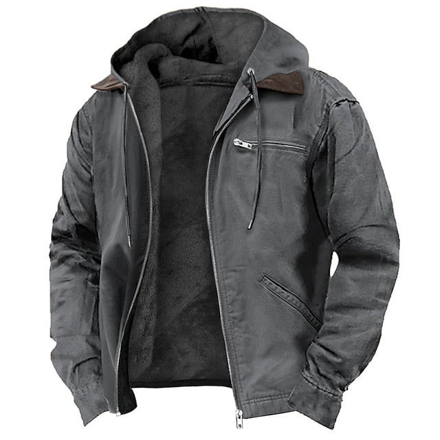 Graue Outdoor-Jacke mit Kapuze, Reißverschluss, Fleece-Innenfutter, Herrenmode.