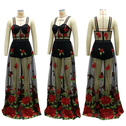 Maxiklänning med blomsterbroderi och spaghetti-remmar – Rosalie
