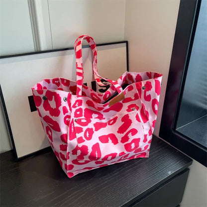 Rosa Leopard-Print Damentasche, Oversized, Canvas, modisch, Schultertasche, luxuriös.