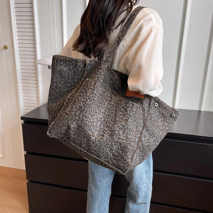 Damen Schultertasche, oversized, Leopardenmuster, Canvas, modisch, vielseitig, grau.