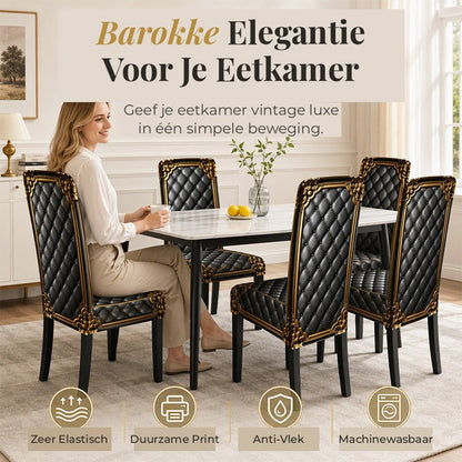 Kvinna dricker kaffe vid ett marmorbord omgivet av stolar med svarta, rutmönstrade överdrag med guldkant i ett ljust matrum. 1