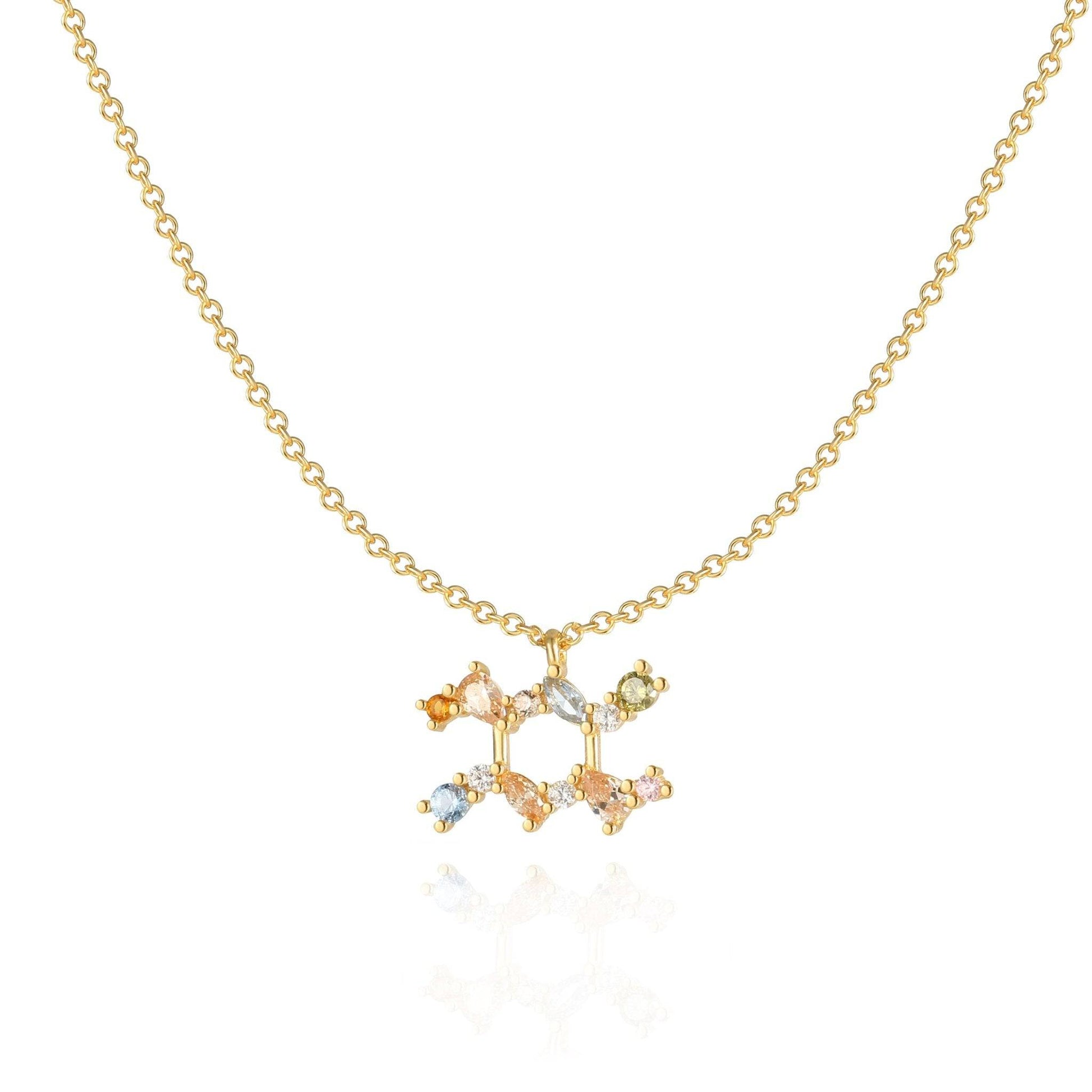 Goldene Tierkreiszeichen-Halskette mit bunten Edelsteinen, eleganter Schmuck für Damen.