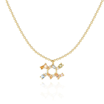 Goldene Tierkreiszeichen-Halskette mit bunten Edelsteinen, eleganter Schmuck für Damen.