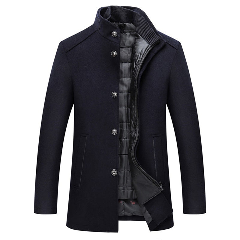 Marineblauer Herrenmantel, winddicht, gestreift, Wolle, lange Jacke, modisch, elegant.