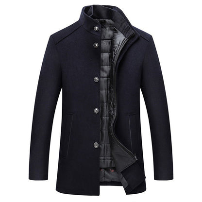 Marineblauer Herrenmantel, winddicht, gestreift, Wolle, lange Jacke, modisch, elegant.