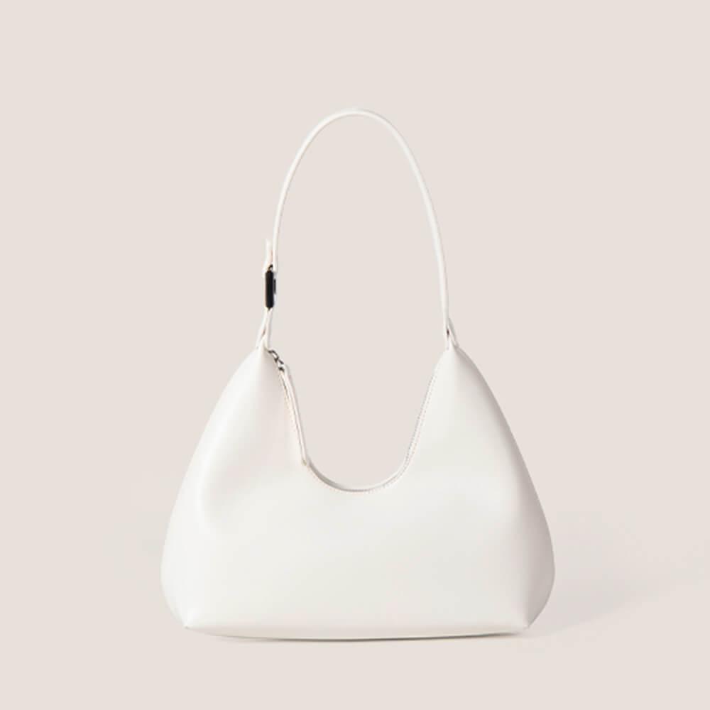 Weiße tragbare Halbmondtasche aus Leder, elegantes Design, Damenmode Accessoire.