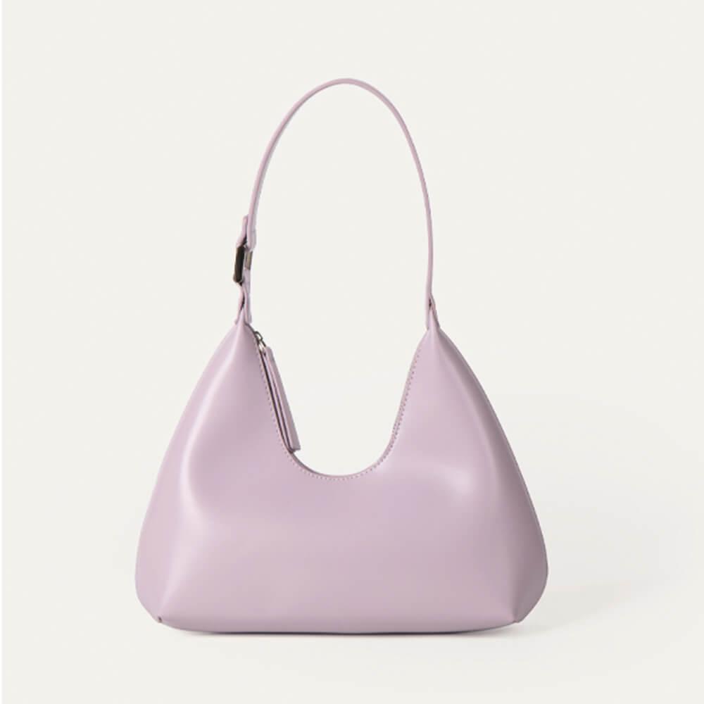 Lila Halbmondtasche aus Leder, tragbar, modisch, Damenhandtasche, elegantes Design.