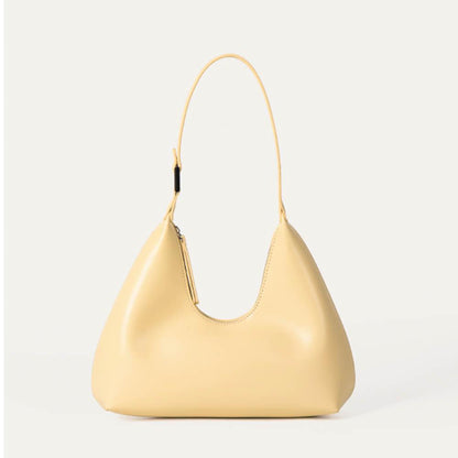 Gelbe Halbmondtasche aus Leder, tragbar, modisch, Damenhandtasche, elegantes Design.
