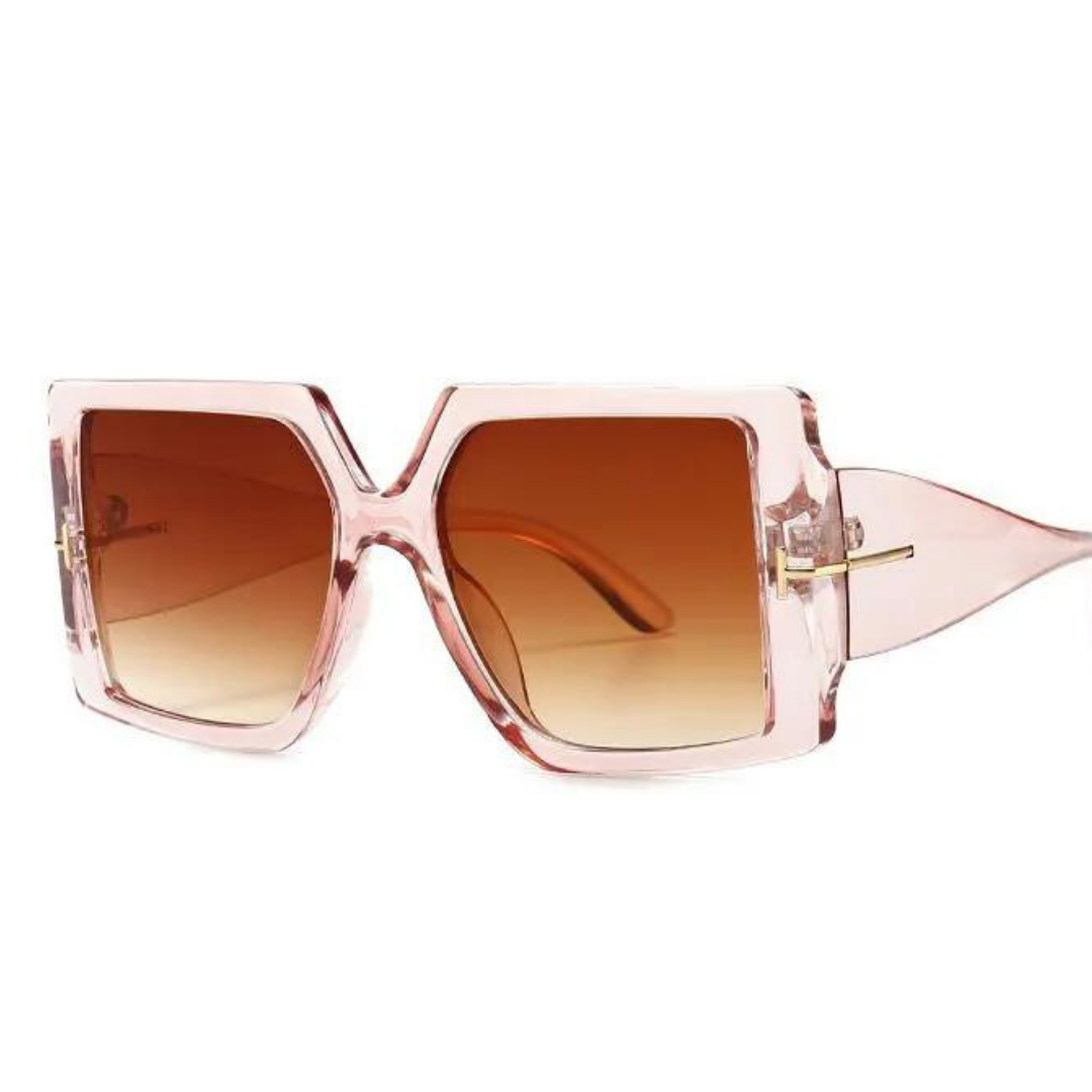 Rosa übergroße Sonnenbrille, quadratisch, transparent, UV-Schutz, modisch, Damen-Accessoire.