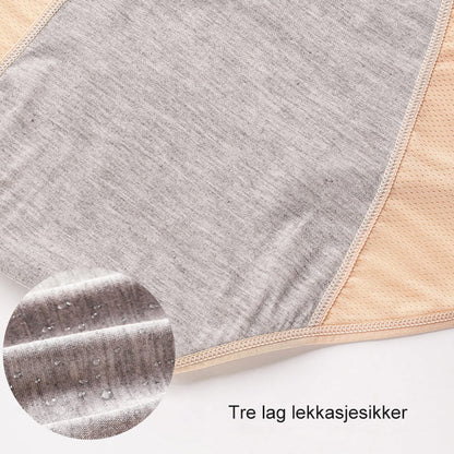 Insidan av trosor med grått absorberande tygskikt och beige nätsidor, med förstoring av vattendroppar på tyget. 12
