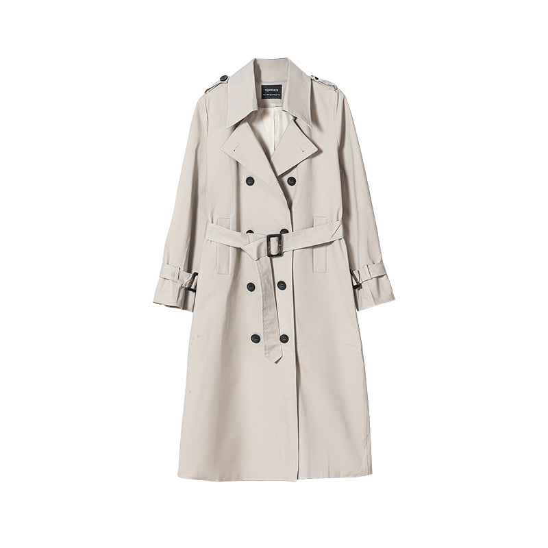 Beiger Damen-Trenchcoat, mittellang, mit Gürtel, Knöpfen, klassischer Stil, Herbstmode.