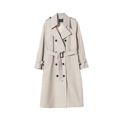Beiger Damen-Trenchcoat, mittellang, mit Gürtel, Knöpfen, klassischer Stil, Herbstmode.