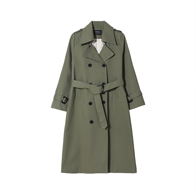 Grüner Damen-Trenchcoat, halb lang, mit Gürtel, zweireihig, modisch, Herbstjacke.