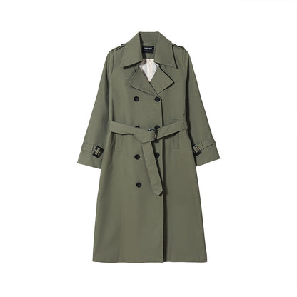 Grüner Damen-Trenchcoat, halb lang, mit Gürtel, zweireihig, modisch, Herbstjacke.