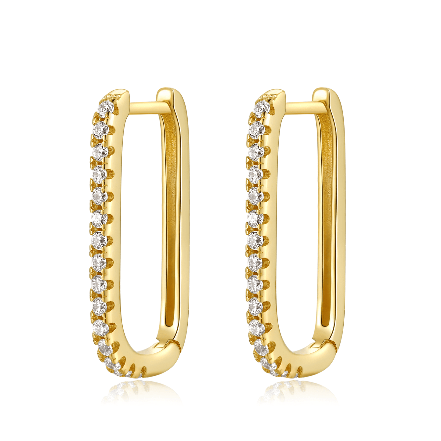 Goldene Creolen mit Zirkonia, rechteckig, modische Ohrringe, eleganter Schmuck für Damen.