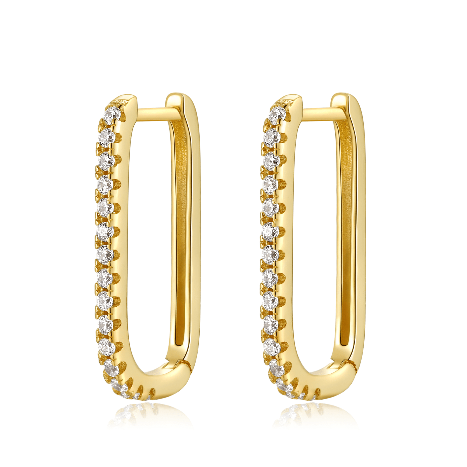 Goldene Creolen mit Zirkonia, rechteckig, modische Ohrringe, eleganter Schmuck für Damen.
