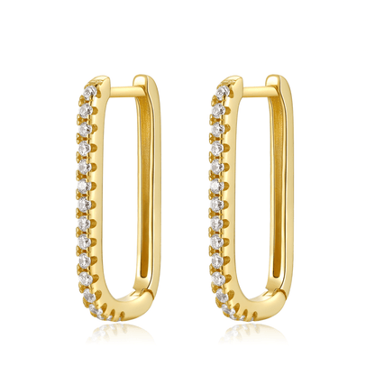 Goldene Creolen mit Zirkonia, rechteckig, modische Ohrringe, eleganter Schmuck für Damen.