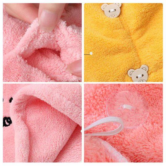 Weiches Mikrofaser-Haartuch in Rosa und Gelb mit Bärenmotiv, ideal zum schnellen Trocknen.